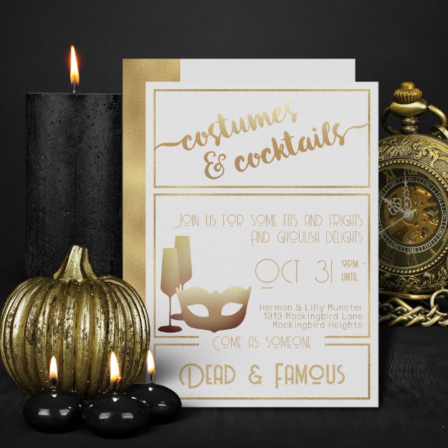 Invitación Partido Halloween Adulto Elegante de Oro Blanco Mo (Elegant gold and white halloween costumes and cocktails invitations)