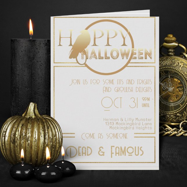 Invitación Partido Halloween Adulto Elegante de Oro Blanco Mo (Elegant white and gold Halloween invitations)