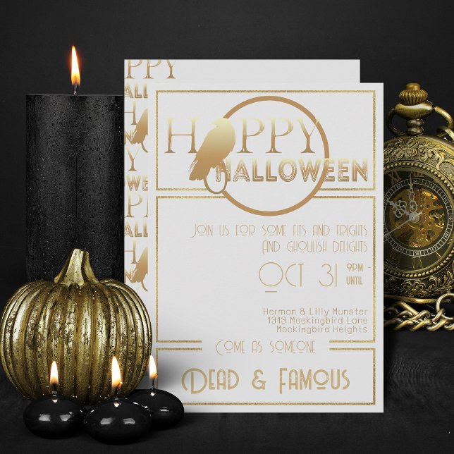 Invitación Partido Halloween Adulto Elegante de Oro Blanco Mo (Elegant White And Gold Halloween Invitations)