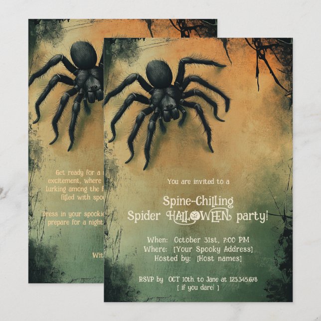 Invitación Partido HALLOWEEN, araña que chilla la columna ver (Anverso / Reverso)