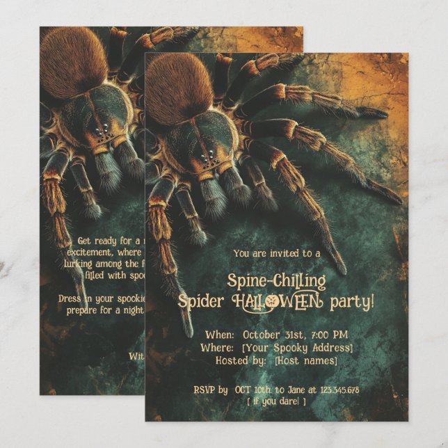 Invitación Partido HALLOWEEN, araña que chilla la columna ver (Anverso / Reverso)