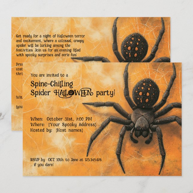 Invitación Partido HALLOWEEN, araña que chilla la espina dors (Anverso / Reverso)