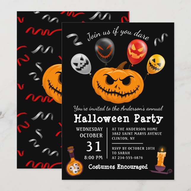 Invitación Partido Halloween con globo de calabaza negra mode (Anverso / Reverso)