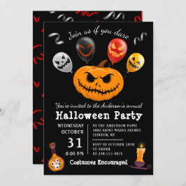 Invitación Partido Halloween con globo de calabaza negra mode