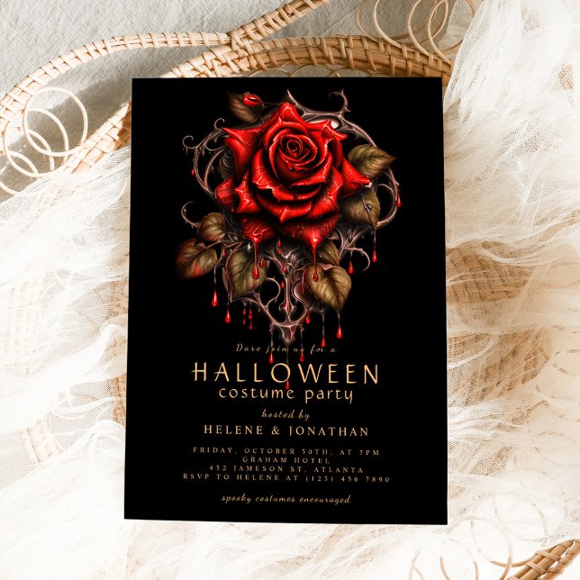 Invitación Partido Halloween de Adultos Góticos Rosa Rojo (Red Rose Gothic Adult Halloween Party Invitation)