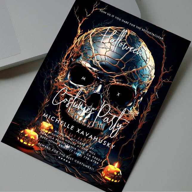 Invitación Partido Halloween de Adultos Modernos Black Gold S (Modern Adult Halloween Party Black Gold Skull Invitation
)