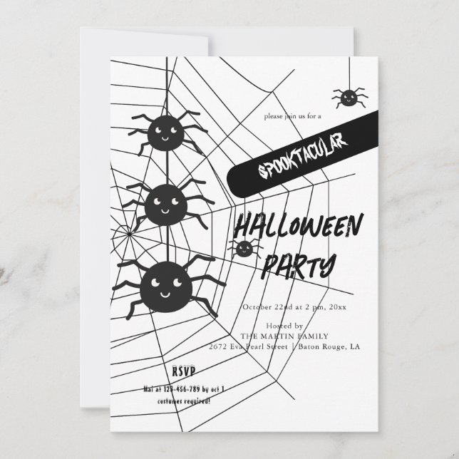 Invitación Partido Halloween de Araña Blanca y Negra (Anverso)