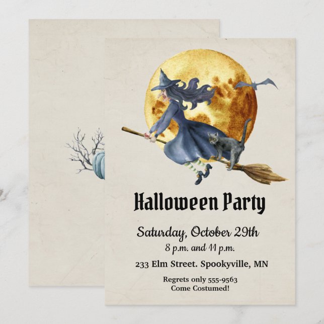 Invitación Partido Halloween de Brujas de Luna Llena (Anverso / Reverso)