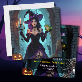 Invitación Partido Halloween de Brujas Negras y Moradas