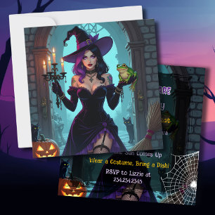 Invitación Partido Halloween de Brujas Negras y Moradas