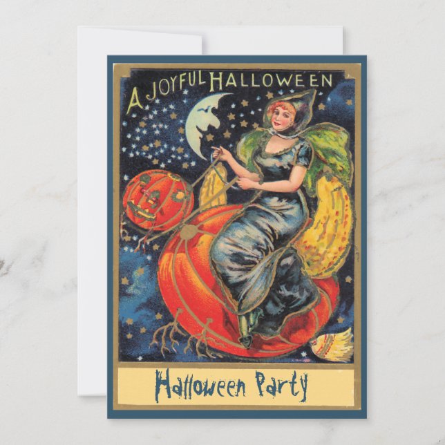 Invitación Partido Halloween de Brujas Voladoras de Calabaza (Anverso)