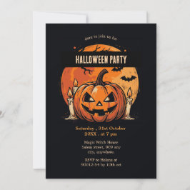 Invitación Partido Halloween de Calabaza Negra y naranja