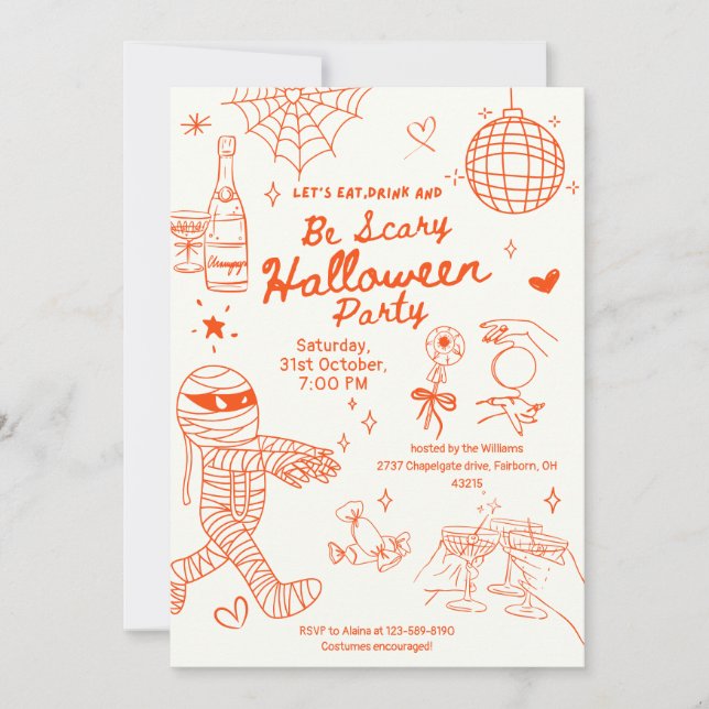 Invitación Partido Halloween de Doodle de Mano Brillante (Anverso)