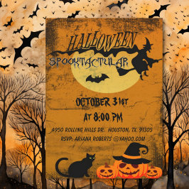 Invitación Partido Halloween de Gato y Bruja Spooktacular