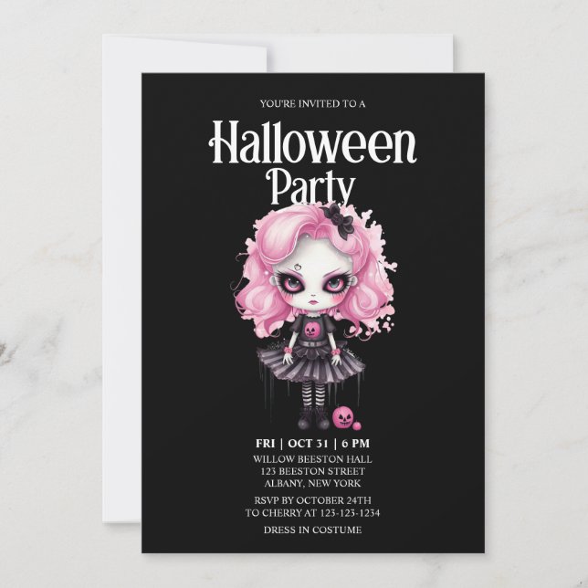 Invitación Partido Halloween de Horror Rosa, Chica gótico Cal (Anverso)