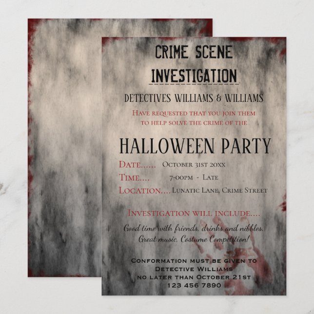 Invitación Partido Halloween de Investigación de Escenas Crim (Anverso / Reverso)