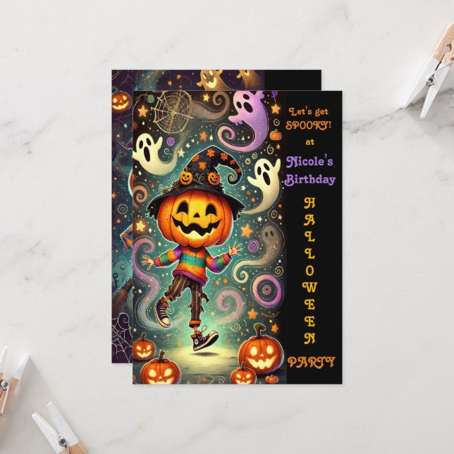 Invitación Partido Halloween de la Cabeza de Calabaza Whimsic (Anverso/Reverso In Situ)