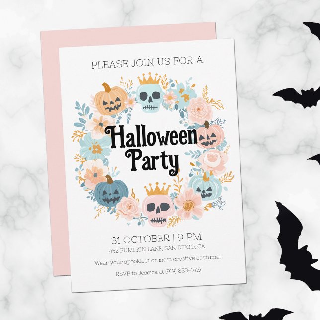 Invitación Partido Halloween de la Calabaza Rosa Pastel (Pastel Pink Skull Pumpkin Cute Halloween Party Invitation)