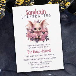 Invitación Partido Halloween de la Cosecha de Bat Rosado Samh