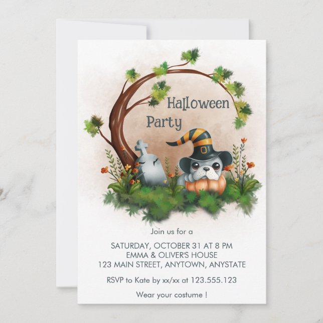Invitación Partido Halloween de la Tumba de Cachorro de Bulld (Anverso)
