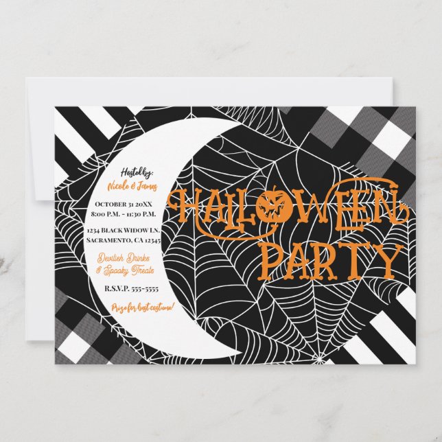 Invitación Partido Halloween de Patchwork Black & White Spide (Anverso)