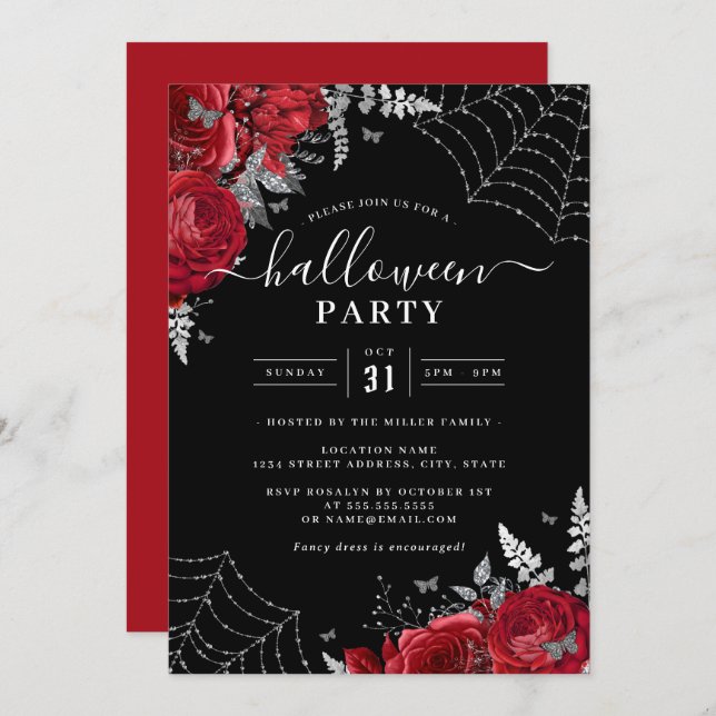 Invitación Partido Halloween de Red Spooky Floral Cobwebs (Anverso / Reverso)