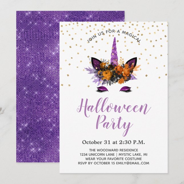 Invitación Partido Halloween de Unicorn, Purpurina Púrpura (Anverso / Reverso)