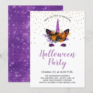 Invitación Partido Halloween de Unicorn, Purpurina Púrpura
