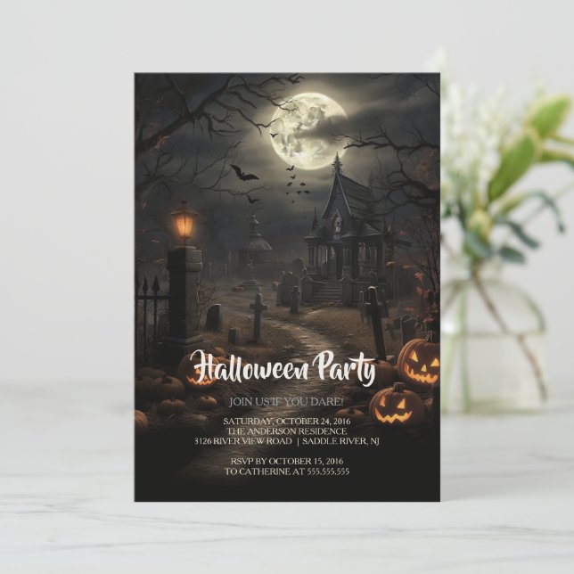 Invitación Partido Halloween del Cementerio y las calabazas (Anverso de pie)