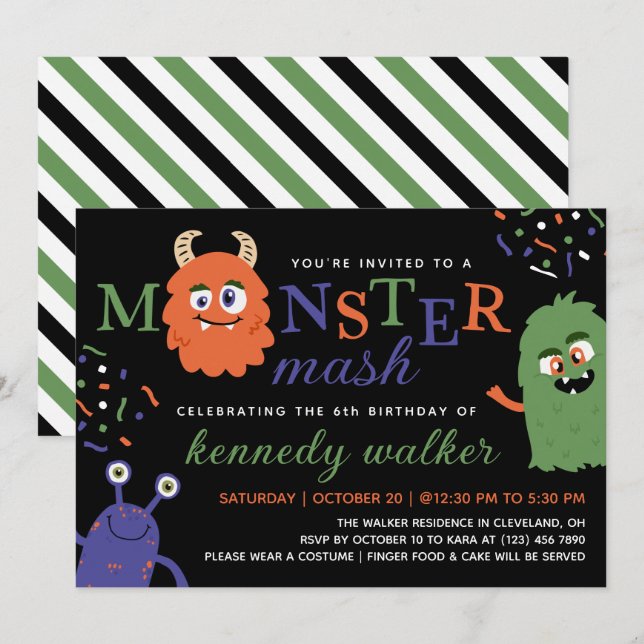 Invitación Partido Halloween del Monstruo Azul Verde (Anverso / Reverso)