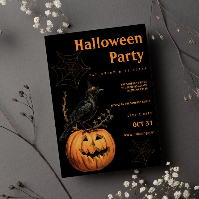 Invitación Partido Halloween del naranja de aves negras jack  (Black bird orange jack lantern Halloween Party)