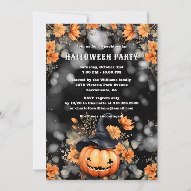 Invitación Partido Halloween Floral Jack O’Lantern (Anverso)