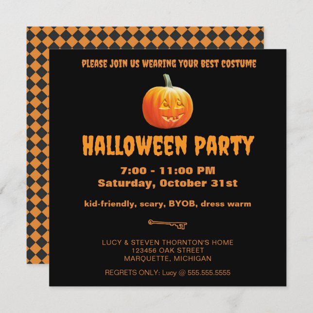 Invitación Partido Halloween Jack O'Lantern (Anverso / Reverso)