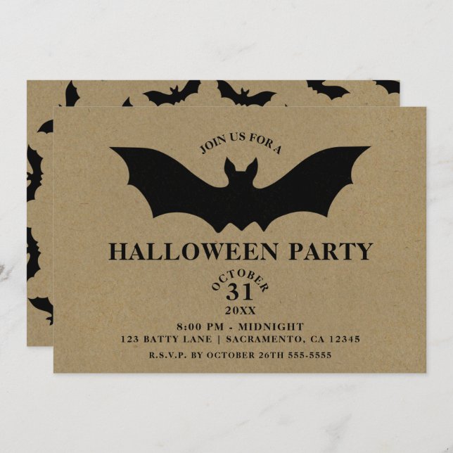 Invitación Partido Halloween Kraft Rustic de Black Bat (Anverso / Reverso)