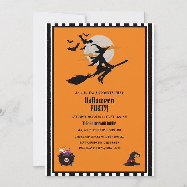 Invitación Partido Halloween, Naranja de los Bats Brujos y Vo (Anverso)