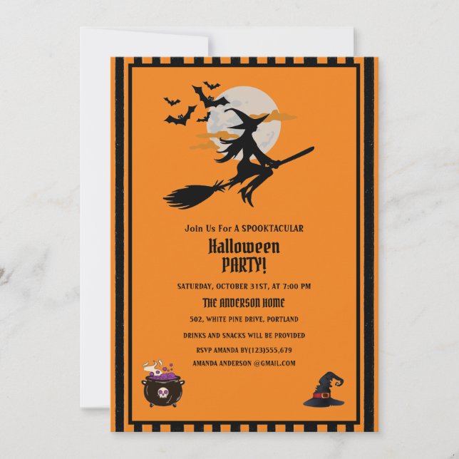 Invitación Partido Halloween, Naranja de los Bats Brujos y Vo (Anverso)