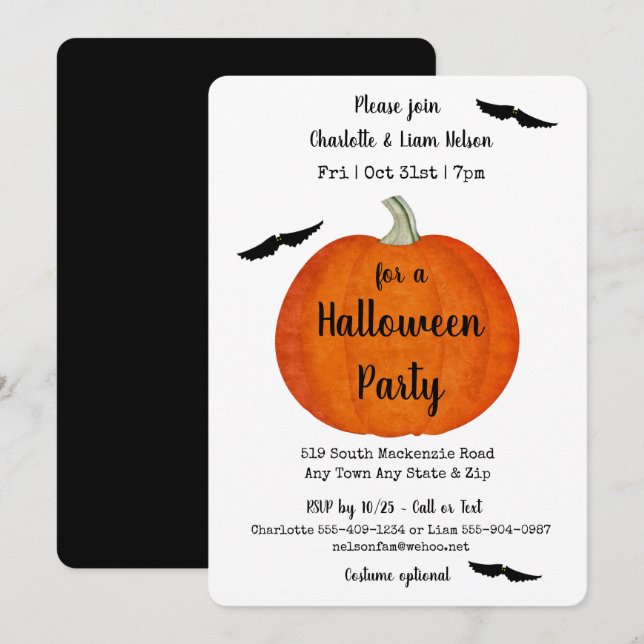 Invitación Partido Halloween naranja y Calabaza Negra y Bats (Anverso / Reverso)