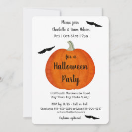 Invitación Partido Halloween naranja y Calabaza Negra y Bats