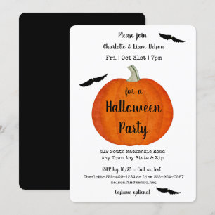 Invitación Partido Halloween naranja y Calabaza Negra y Bats