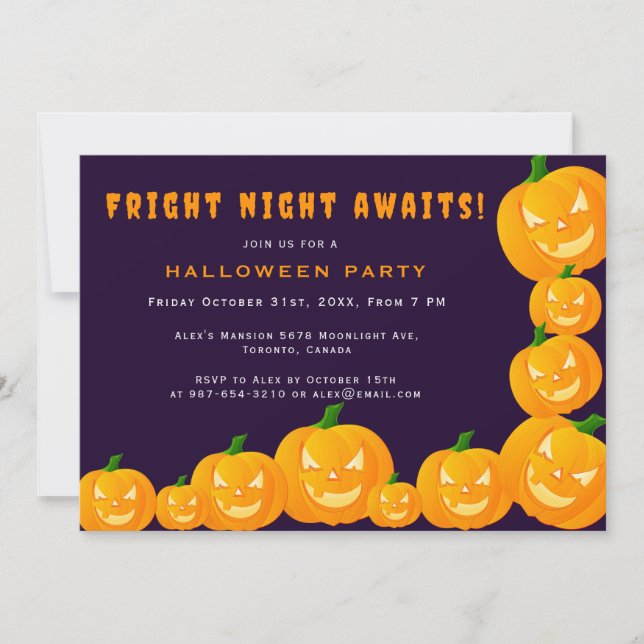 Invitación Partido Halloween Naranja y púrpura de Jack o' lan (Anverso)