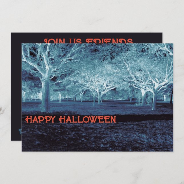 Invitación Partido Halloween Negro y Azul Scary Woods (Anverso / Reverso)