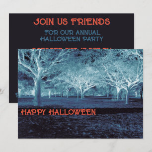 Invitación Partido Halloween Negro y Azul Scary Woods