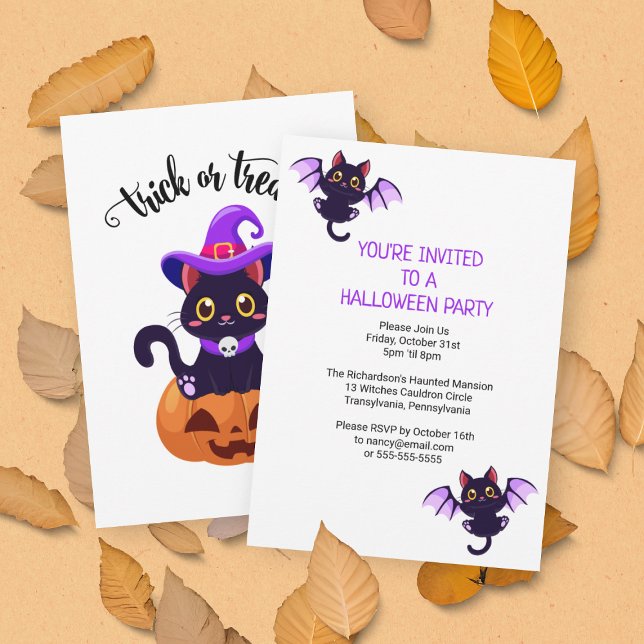 Invitación Partido Halloween Personalizado de gatos negros (Front and Back View)
