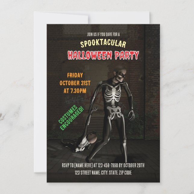 Invitación Partido Halloween Spooktacular. Graciosos Esquelet (Anverso)