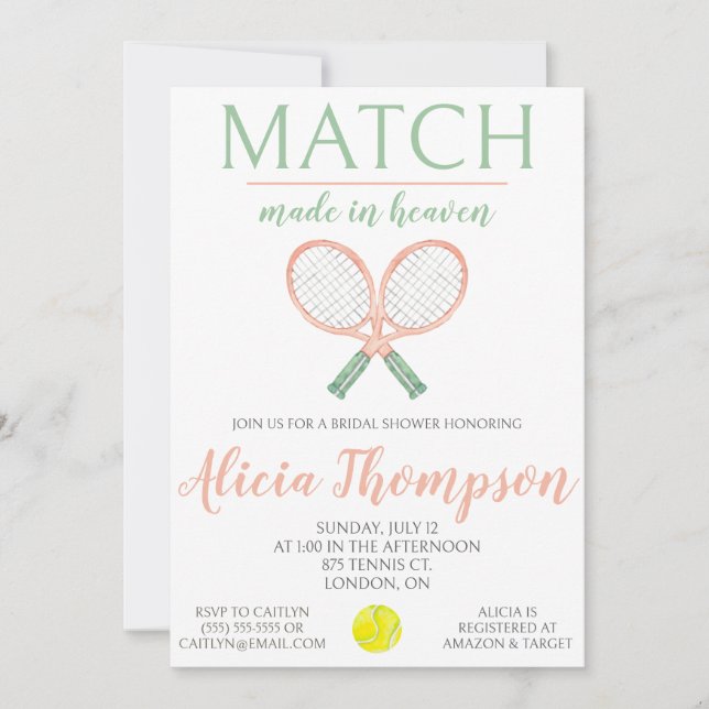 Invitación Partido hecho en el cielo, ducha de novia de tenis (Anverso)