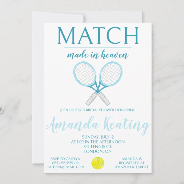 Invitación Partido hecho en el cielo, ducha de novia de tenis (Anverso)