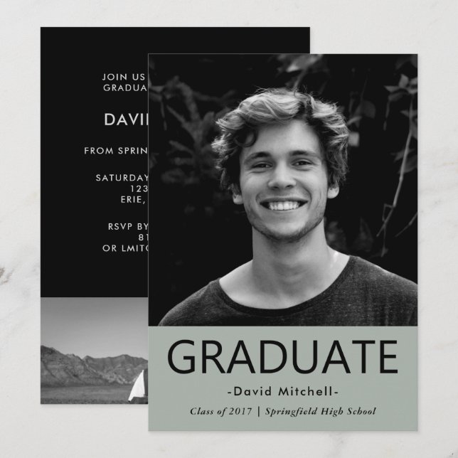 Invitación Partido Masculino de Graduación Gris Clásica | Fot (Anverso / Reverso)