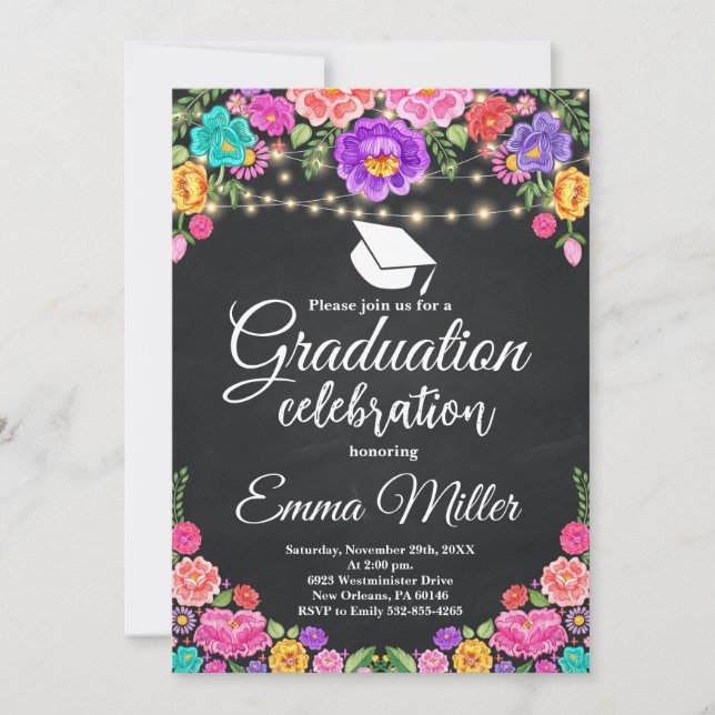Invitación Partido Mexicano de Graduación de Cartón Floral (Anverso)