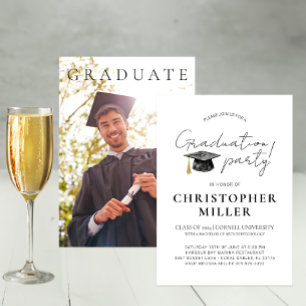 Invitación Partido minimalista de Graduación en Blanco y Negr