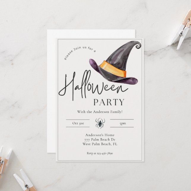 Invitación Partido Mínimo Moderno de Halloween, Gorra de Bruj (Anverso/Reverso In Situ)
